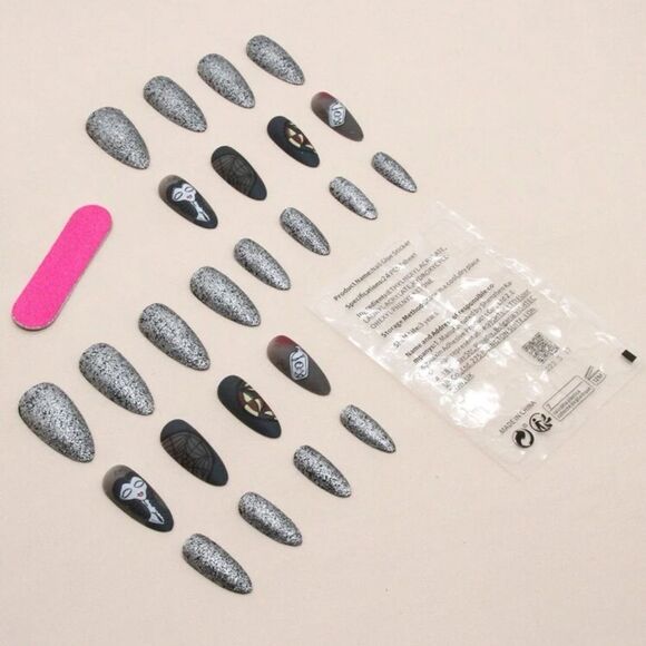 Y2K 24 Almond Corpse Bride Gothic Valentine Black Sparkle Web Matte Nails - Picture 2 of 5